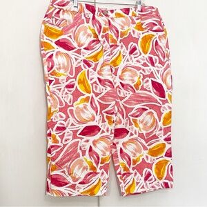 Hearts of Palm Woman Pink Orange Tropical Print Capri Pant Button Zip Pockets 20